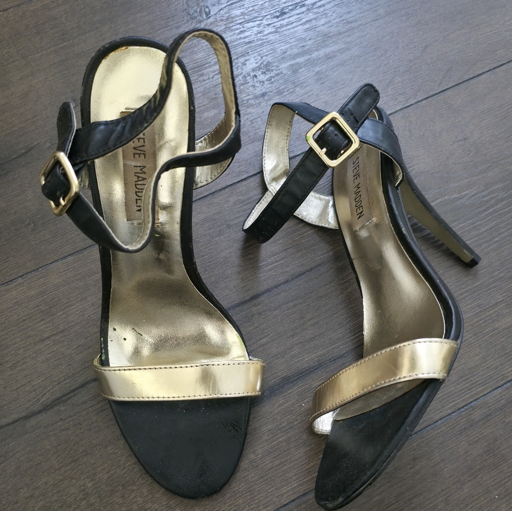 Steve Madden Black and Gold Strappy High Heels‎